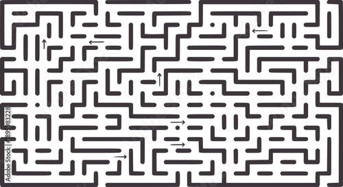 Black and maze puzzle with multiple paths and directional arrows labyrinth