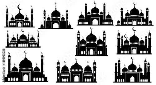 Collection of eight black silhouette mosque icons with domes and minarets on white background.