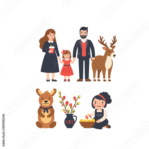 A charming illustration featuring a family with a deer, alongside a separate scene with a kangaroo, flowers, and a girl preparing food.