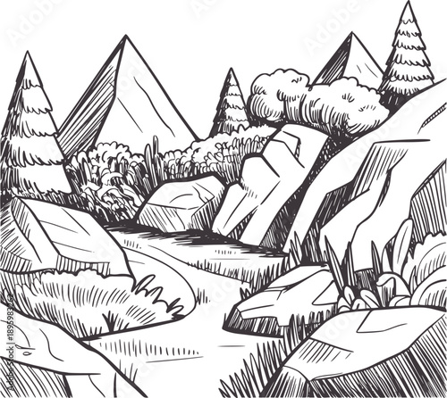 Black and of a winding river flowing through a rocky mountain landscape with trees