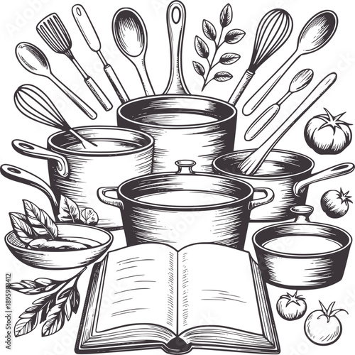 Black and of cooking pots utensils open recipe book and tomatoes pans whisk