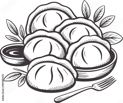 Black and of steaming dumplings with dipping sauce and fork food