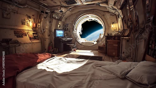 Interior of a Space Station Living Quarters with a View of Earth Through a Window | Quiet Future Living Space (Seamless Loop)