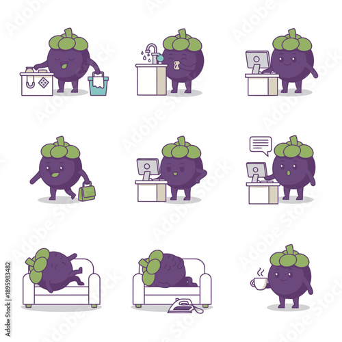 Unique Mangosteen character mascot set with office and home scenes, purple tropical fruit working, cleaning, drinking coffee and resting, creative vector illustration for exotic food marketing