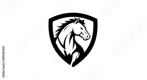 Black and white horse head inside a shield logo