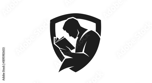 Man reading a book inside a shield emblem