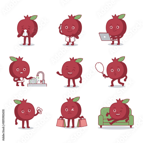Multi-tasking Pomegranate character mascot set, red fruit character cleaning, shopping, working and resting on sofa, comprehensive vector illustration bundle for lifestyle and household themes