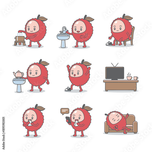 Lychee fruit character mascot set featuring cooking washing hands dressing up making tea sneezing and relaxing on sofa flat vector illustration