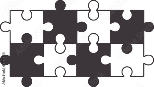 Eight interconnected black and jigsaw puzzle pieces forming a rectangle