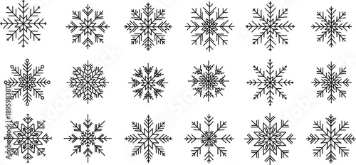 Set of black snowflake silhouettes, geometric winter icons, symmetrical snow shapes, seasonal design elements, isolated on dark background