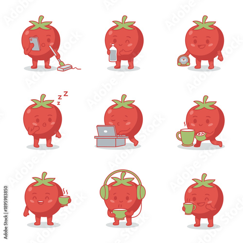 Tomato character mascot set with cleaning drinking water checking time sleeping working on laptop drinking tea and coffee flat vector illustration