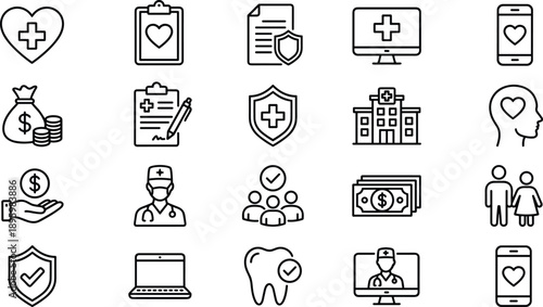 Minimal healthcare medical and insurance outline icon set for hospital patient care finance user interface web app vector