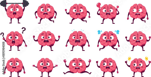 Cute Brain Character Set Showing Emotions Thinking Stress And Activity Cartoon Vector Illustration