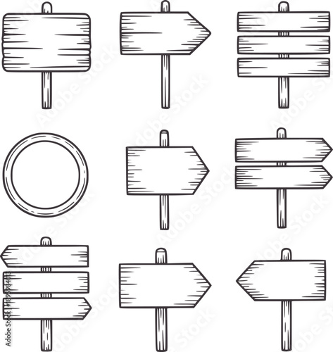 Hand drawn wooden signposts and circular sign collection direction arrow circle