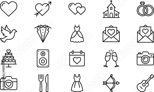 Minimal wedding love and romance outline icon set for marriage celebration invitation event user interface web app vector