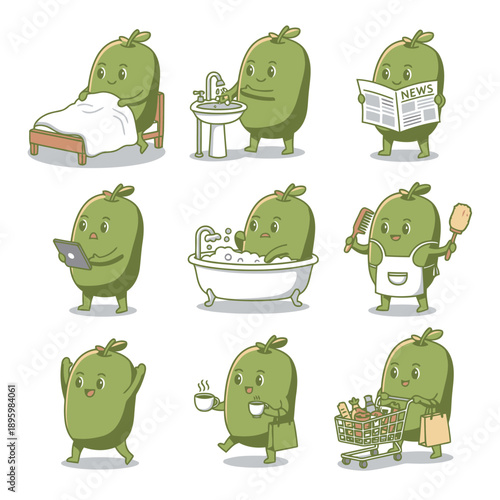 Green olive character mascot set including waking up washing reading news using tablet bathing cleaning dancing and shopping vector illustration