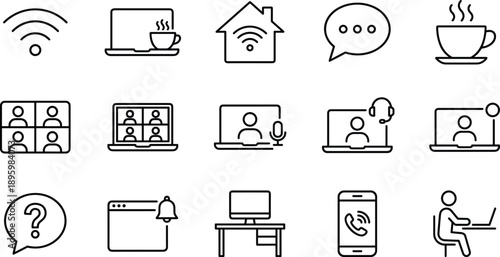 Set of remote work line icons featuring video conference meetings, home office desk setup, wifi connectivity, digital communication and telecommuting lifestyle