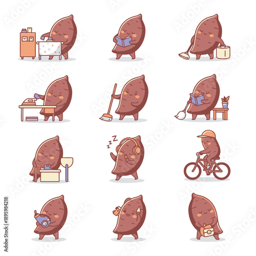 Set of sweet potato character mascot illustrations performing household chores including ironing reading sweeping biking and using a camera