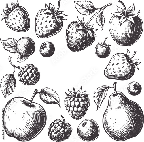 Vintage of assorted fruits including strawberries blueberries raspberries apple and pear