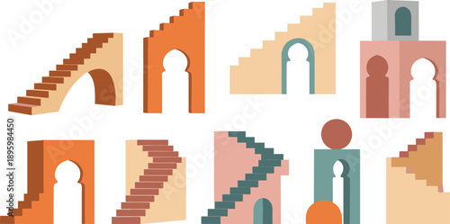 Abstract Architectural Staircase And Arch Elements Set With Minimal Geometric Buildings Flat Vector Illustration