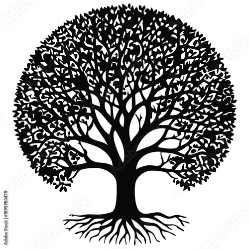 Generate a silhouette of a mature, stylized tree with a perfectly rounded, dense canopy, its branches intricately interwoven, forming a cohesive circular shape. The trunk should be thick and sturdy, t