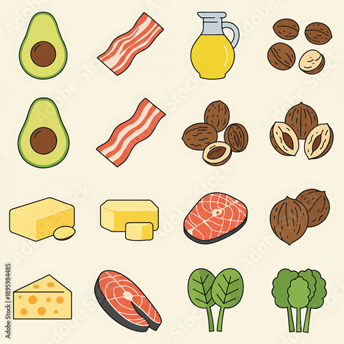 Keto Diet Food Icons Set Healthy Fat Rich Ingredients Collection