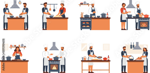 Professional Chefs Cooking Together In Restaurant Kitchen Scenes With Food Preparation And Baking Flat Vector Illustration