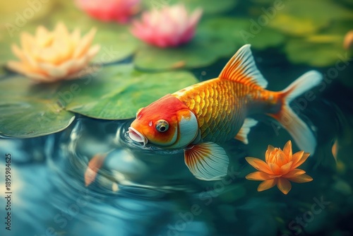 Colorful koi fish swimming among blooming water lilies in a serene pond at sunset
