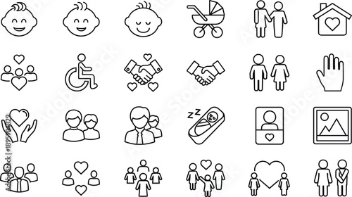 Black and White Family and Relationship Icons Featuring Love, Care, Inclusion, Parenthood, and Community