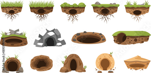 Underground Animal Burrow And Cave Entrance Set With Soil Rock And Grass Terrain Flat Vector Illustration