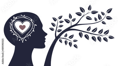 A serene silhouette of a person's profile with a heart-shaped mind and a growing tree, symbolizing growth and harmony