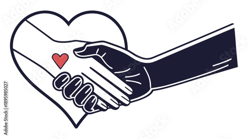 Two hands clasped together in a handshake within a heart shape symbolizing love and partnership illustration