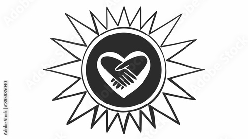A black and white illustration of a handshake inside a heart surrounded by a sunburst symbolizing unity and cooperation