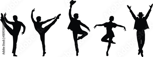 Silhouette dancers, dynamic poses, expressive movement, modern dance, artistic choreography, graceful balance, energetic performance, stage art, dramatic gesture, body motion