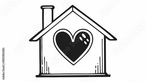Simple black and white illustration of a house with a heart-shaped window, symbolizing love and warmth in a minimalist style from a frontal viewpoint