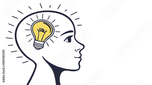 A profile illustration of a person with a glowing lightbulb in their head symbolizing innovation and creative thinking from a side view