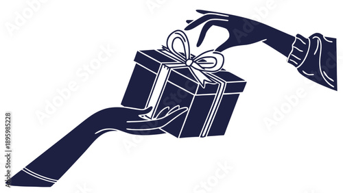 Illustration of a gift box being passed from one hand to another, symbolizing giving and receiving, in a minimalist style