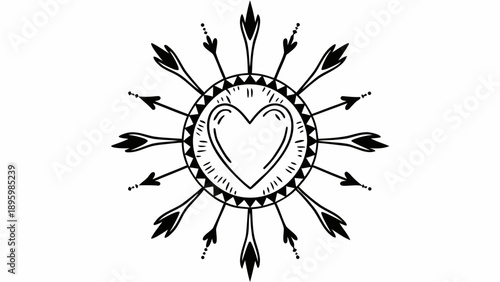 Heart pierced by multiple arrows in a circular formation, symbolizing love and pain