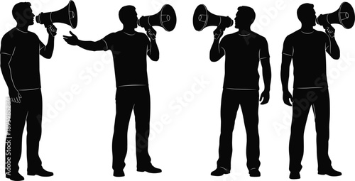 Male silhouette with megaphone illustration set showing public speaking announcement marketing communication protest leadership advertising concepts for media campaigns and promotional graphic design