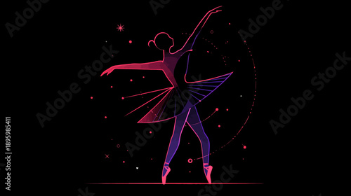 A graceful ballet dancer in mid-air, silhouette outlined with pink, purple details on black background