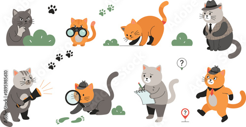 Cute Detective Cats Investigation Scene Set With Clues Footprints Magnifier And Search Actions Flat Vector Illustration