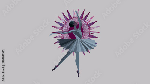 A geometric ballet dancer with a burst behind, in shades of blue, gray and purple on a light grey background