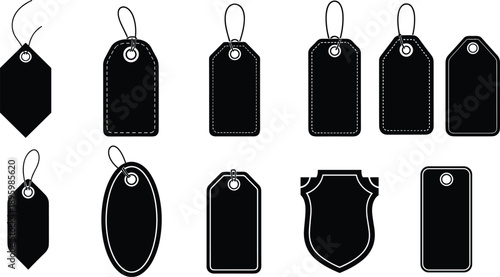 Set of twelve black tag silhouettes with varied shapes and attachment holes on gray background for labeling and design