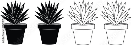 Minimal potted plant silhouette and outline icon set showing modern houseplant illustrations in black and white style for interior design branding decor and graphic projects