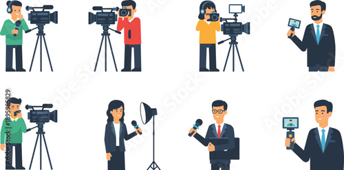 Journalist And Cameraman Characters Set With Video Camera Microphone And News Reporting Scenes Flat Vector Illustration