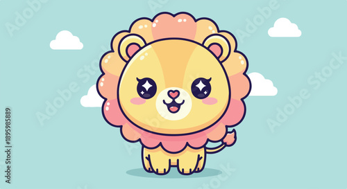Cartoon lion cub with pink mane standing against a light blue sky with white clouds in a cute illustration.