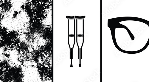 Medical injury icons set with crutches and eye patch symbols, abstract grunge texture panels, black silhouette illustration for healthcare, insurance, safety awareness design concepts