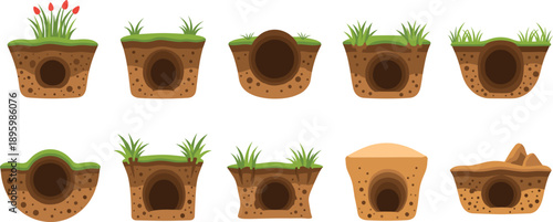 Underground Animal Burrow And Hole Set With Soil Cross Section Grass And Dirt Terrain Flat Vector Illustration