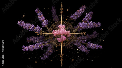 A compass rose design with lavender, gold detailing, and a black background