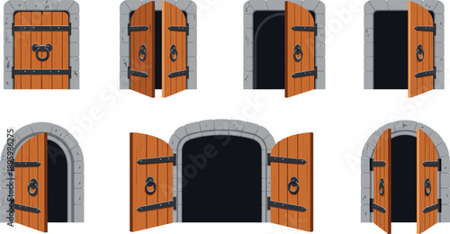 Medieval Wooden Castle Doors Set With Open And Closed Stone Arch Entrances Flat Vector Illustration